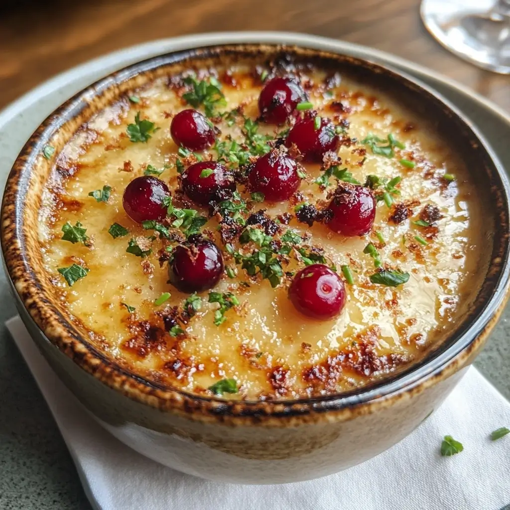 A creamy dessert topped with fresh cranberries and sprinkled with chopped herbs, in a rustic bowl.