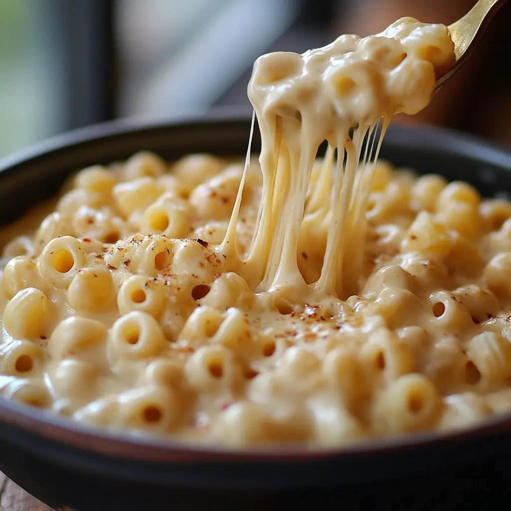 A fork pulling out a cheesy, creamy serving of mac and cheese with gooey melted cheese stretching from the pasta.