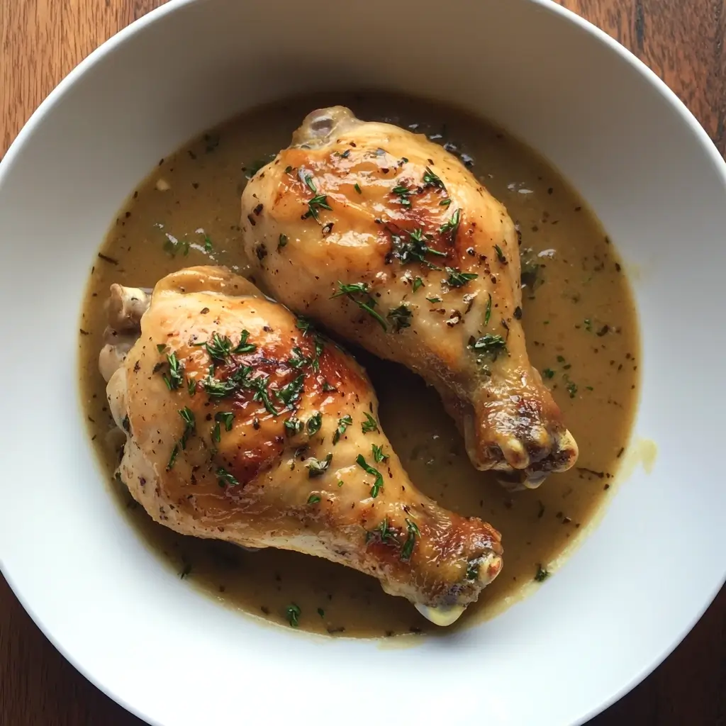 A white bowl containing two golden-brown chicken drumsticks in a rich, herbed butter sauce, garnished with fresh thyme.