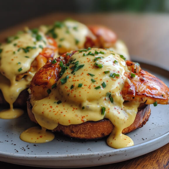 A delicious plate of shrimp benedict, featuring seared shrimp topped with a creamy hollandaise sauce, garnished with fresh parsley on a toasted bread slice.